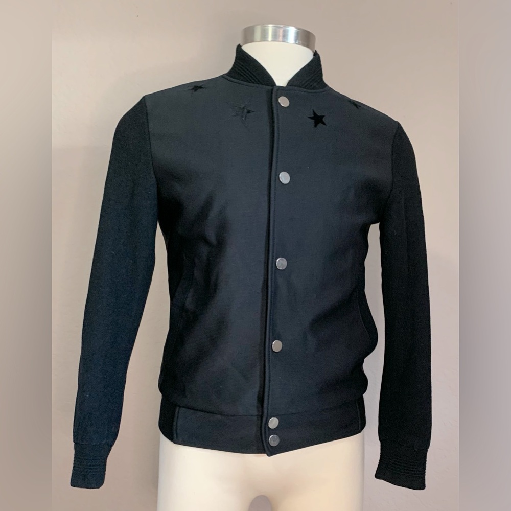 NWOT Men’s black Armani snap front jacket with stars inset with faux pony hair.